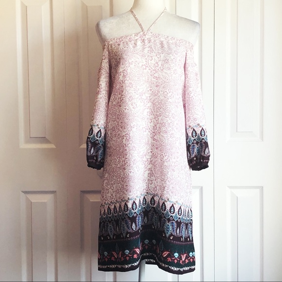 NWT Loft Light Pink Multi Boho Off Shoulder Halter Tie Dress XSP - Picture 2 of 16